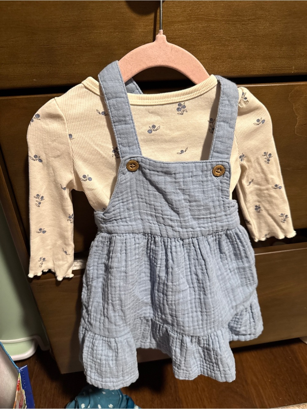 Cream Floral Top with Light Blue Gauze Pinafore Set